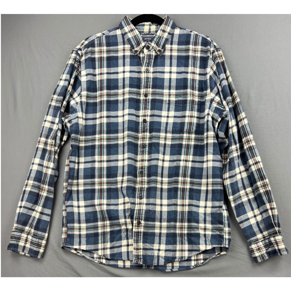 Lands End Flannel Shirt Mens LT Tailored Fit Blue White Plaid Cotton Button Down
